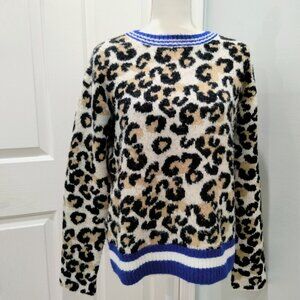Aqua Animal Print Sweater, Striped Purple and White Trim, Size Large